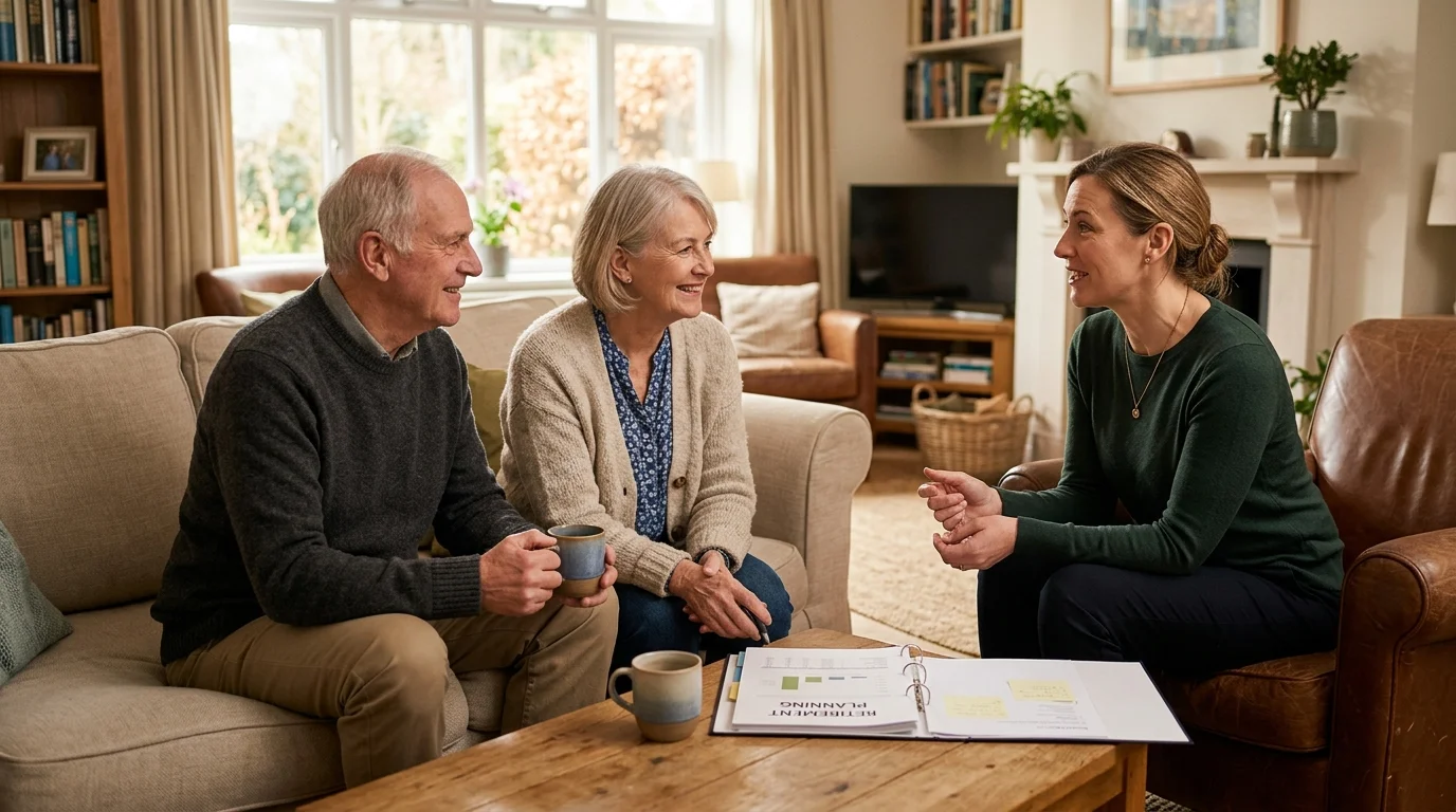 An older couple has a comfortable, collaborative meeting with a professional advisor in a warm, sunlit living room.