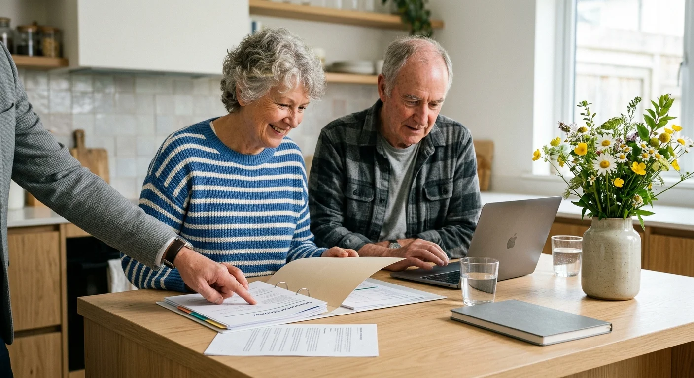 An older couple reviewing financial documents at home with a professional advisor.