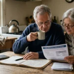An older couple sits at a wooden kitchen table reviewing their 2026 Medicare premium notice in warm morning light.