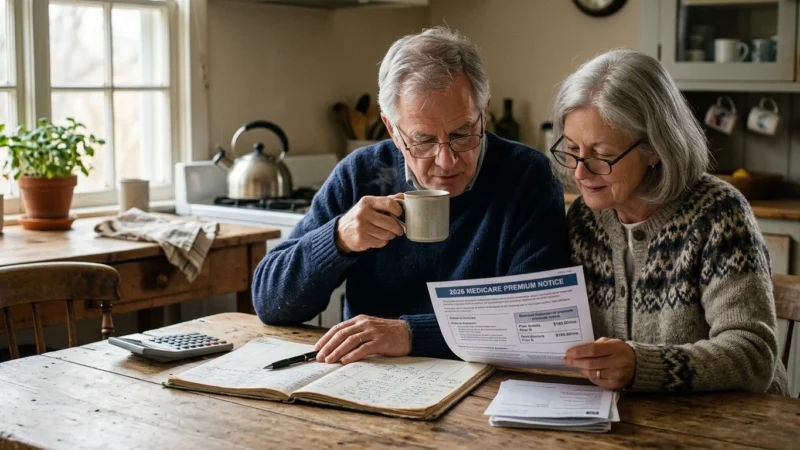 An older couple sits at a wooden kitchen table reviewing their 2026 Medicare premium notice in warm morning light.