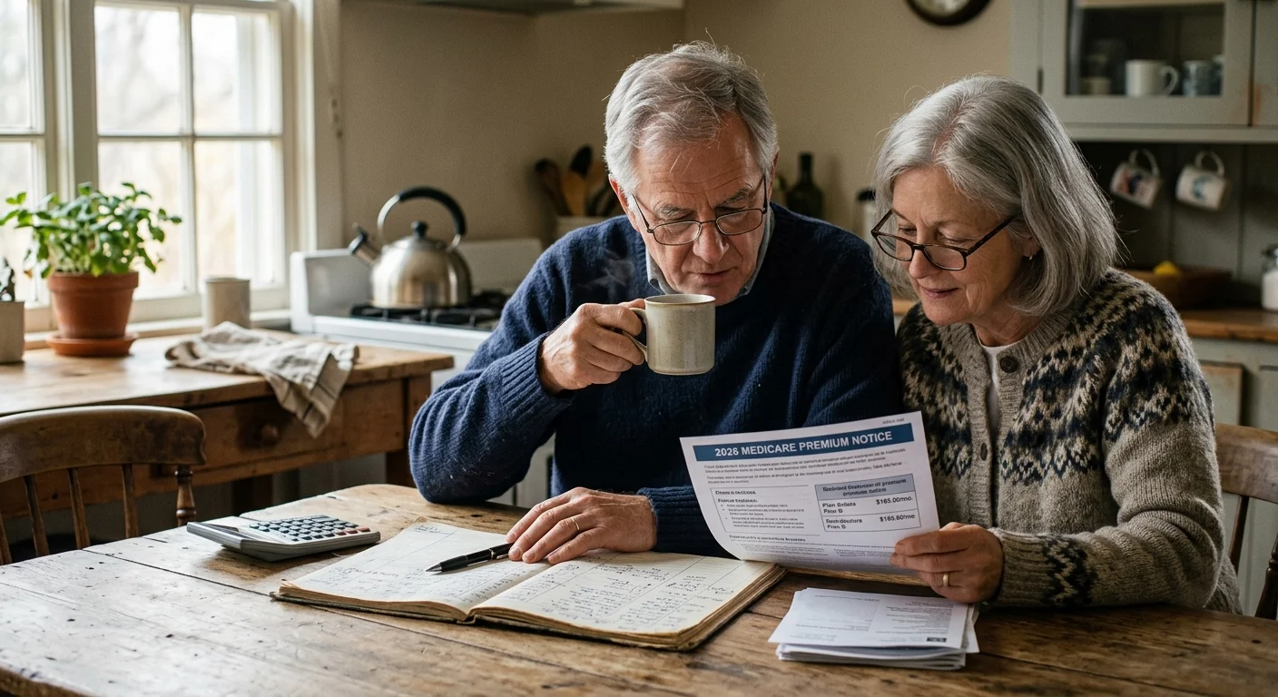 An older couple sits at a wooden kitchen table reviewing their 2026 Medicare premium notice in warm morning light.