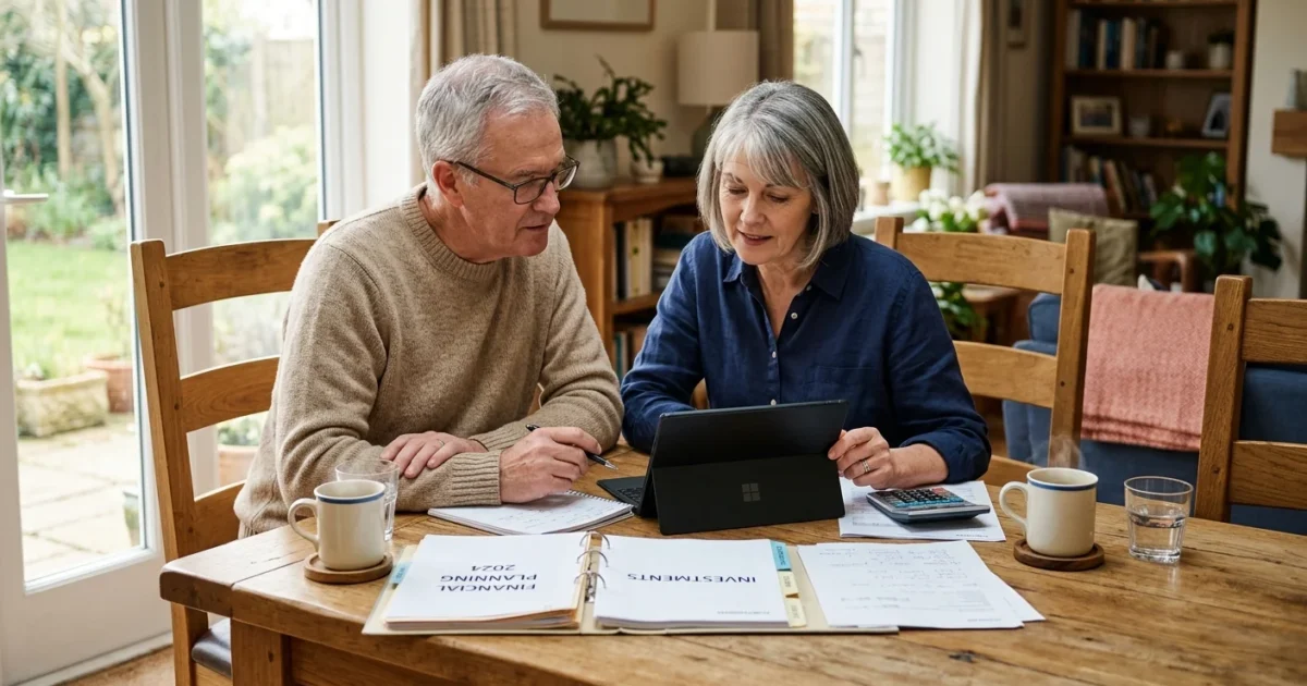 An older couple sitting at a wooden dining table, reviewing financial planning documents together in warm morning light.