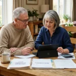 An older couple sitting at a wooden dining table, reviewing financial planning documents together in warm morning light.