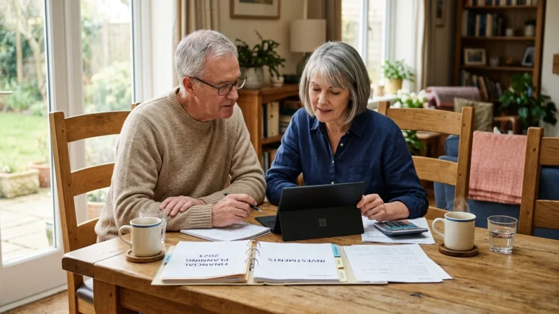 An older couple sitting at a wooden dining table, reviewing financial planning documents together in warm morning light.