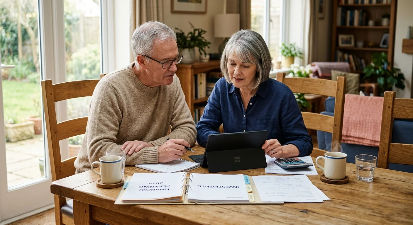 An older couple sitting at a wooden dining table, reviewing financial planning documents together in warm morning light.