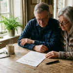 An older couple sitting at a wooden dining table reviewing their will document in warm morning light.