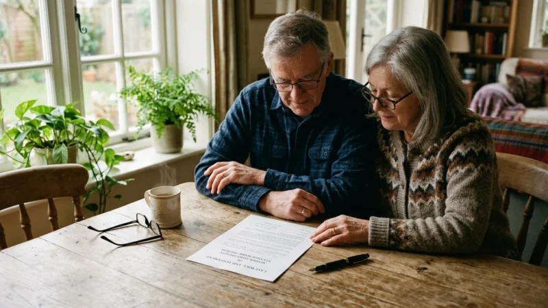 An older couple sitting at a wooden dining table reviewing their will document in warm morning light.