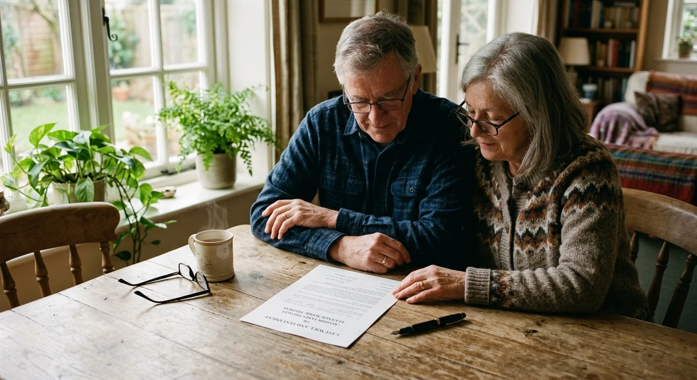 An older couple sitting at a wooden dining table reviewing their will document in warm morning light.