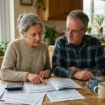 An older couple sitting at a wooden kitchen table reviewing Medicare and tax documents in warm morning light.