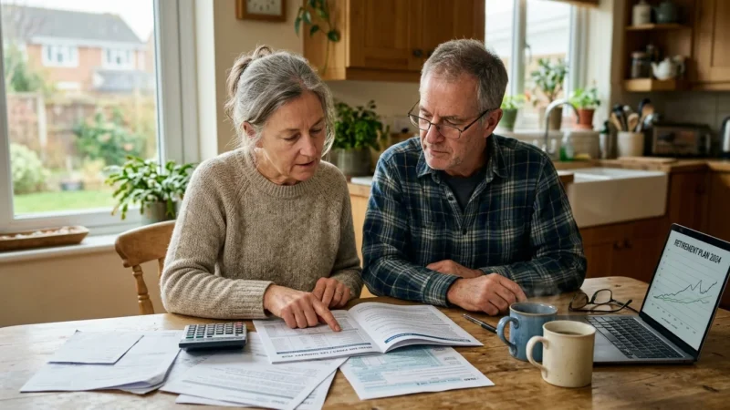 An older couple sitting at a wooden kitchen table reviewing Medicare and tax documents in warm morning light.