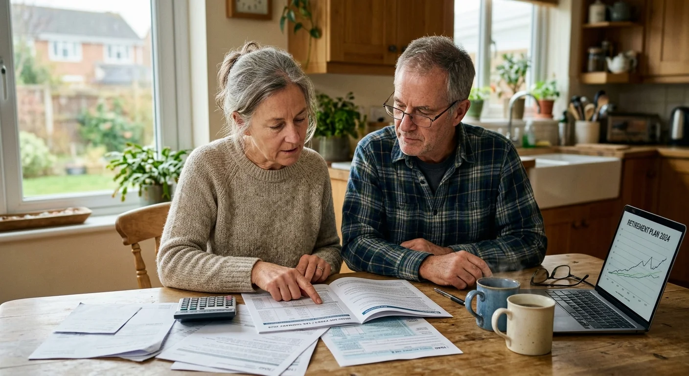 An older couple sitting at a wooden kitchen table reviewing Medicare and tax documents in warm morning light.