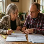 An older couple sitting at a wooden kitchen table reviewing their Medicare Annual Notice of Change paperwork together.