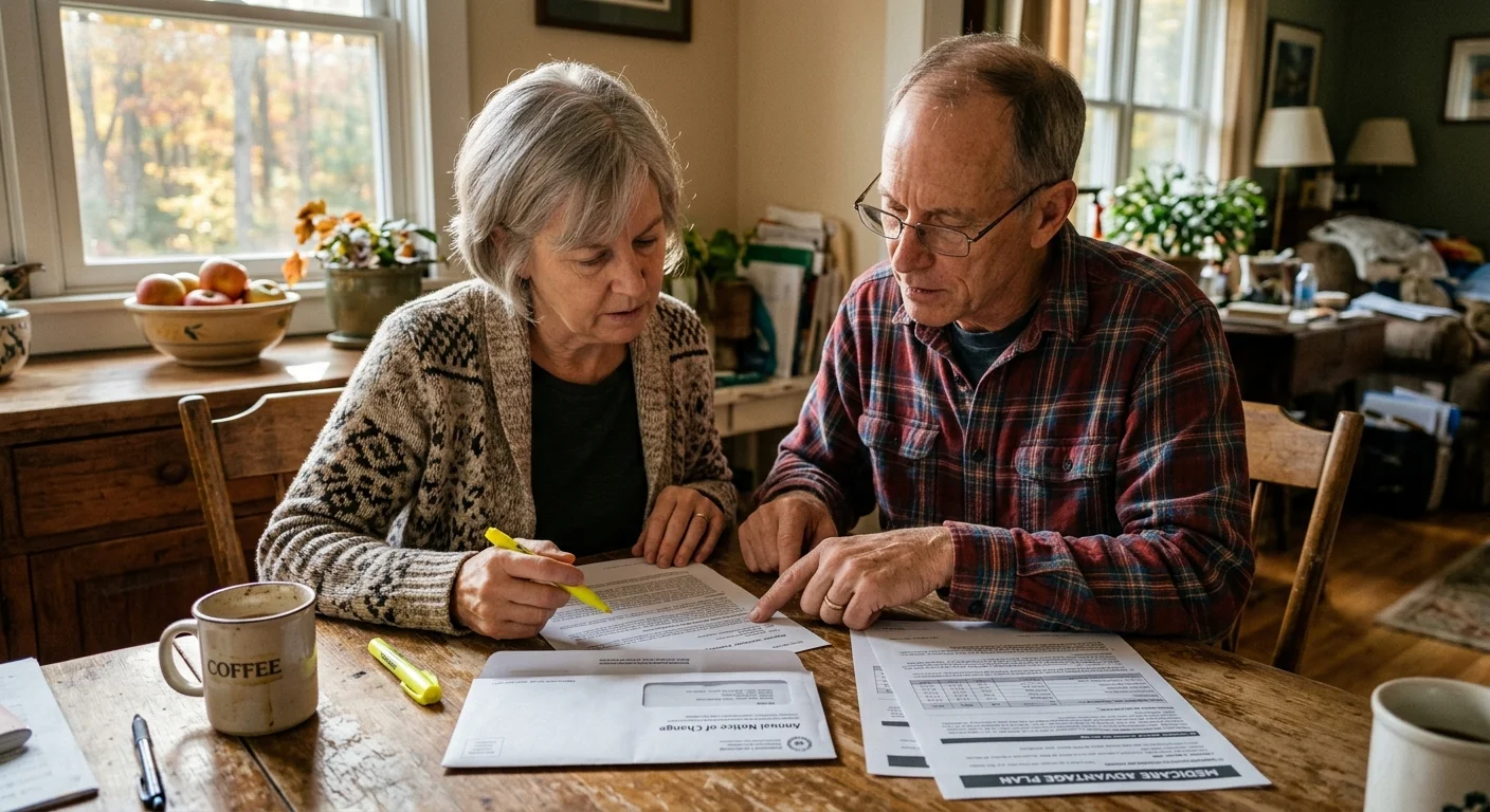An older couple sitting at a wooden kitchen table reviewing their Medicare Annual Notice of Change paperwork together.