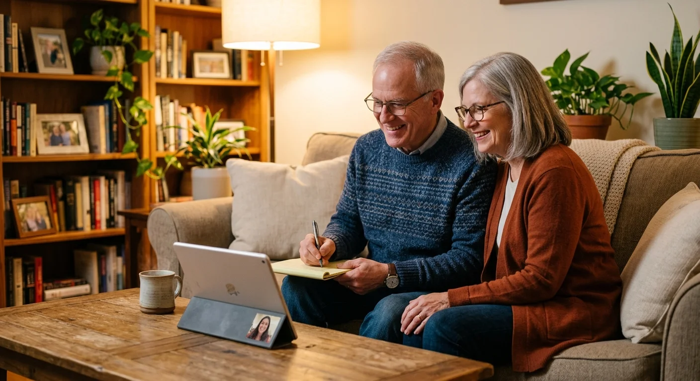 An older couple sitting comfortably on their living room couch, smiling while having a video consultation on a tablet.