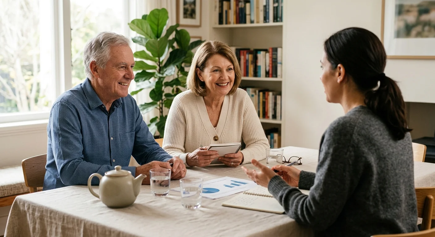 An older couple smiling as they discuss their retirement plans with a professional advisor at a sunlit dining table.