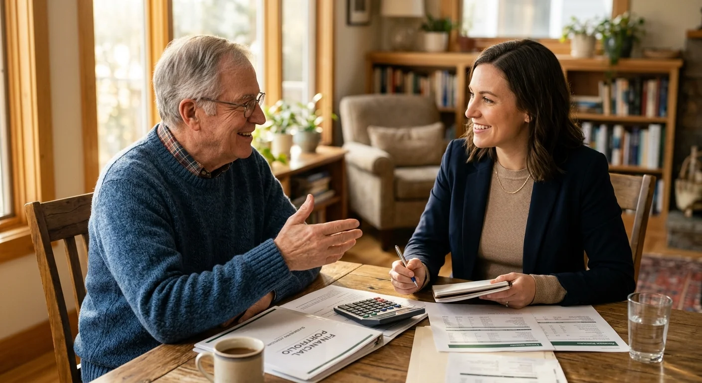 An older homeowner consults with a financial professional over documents in a bright, warm dining room.