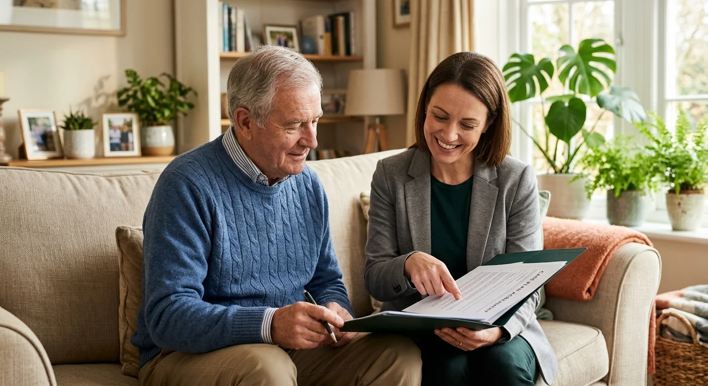 An older man and an advocate sit together on a living room sofa, reviewing paperwork with a sense of relief and guidance.