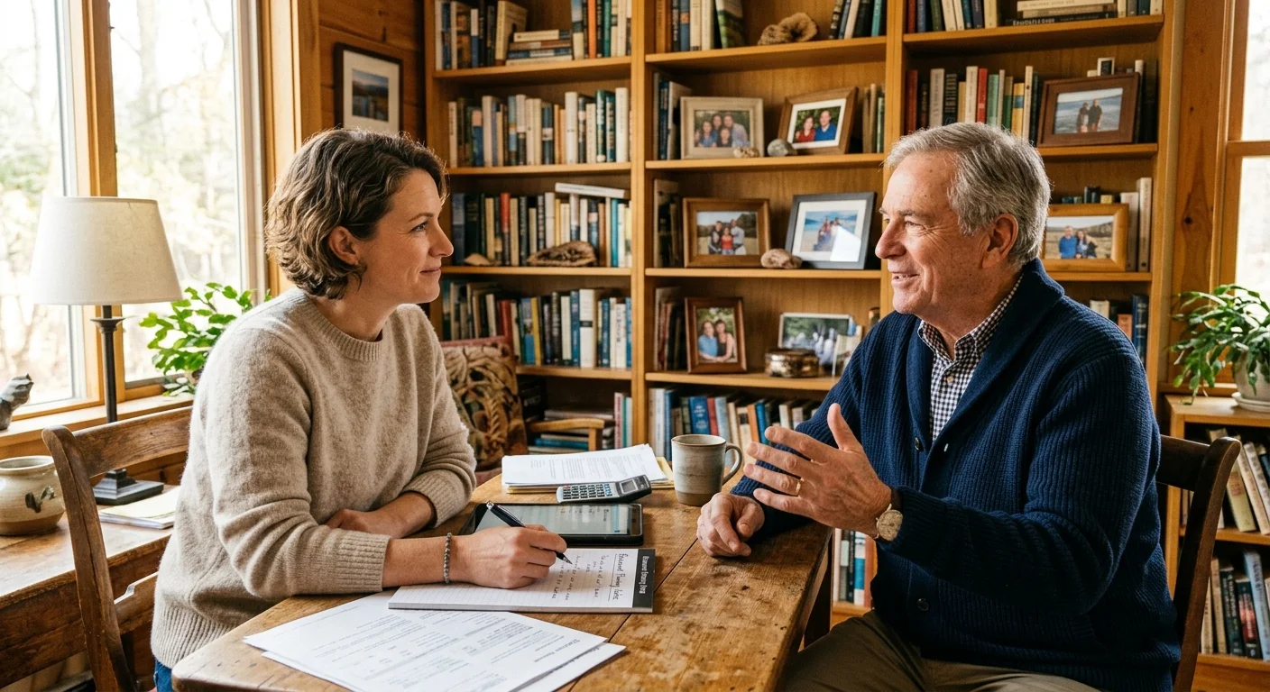 An older man consulting with a financial advisor in a comfortable, sunlit home study.