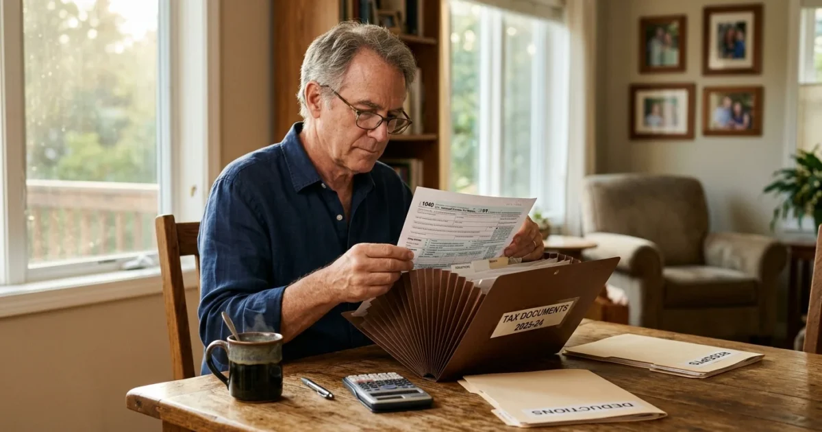 An older man sorting tax documents in a sunlit home, symbolizing organized tax record keeping.