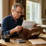 An older man sorting tax documents in a sunlit home, symbolizing organized tax record keeping.