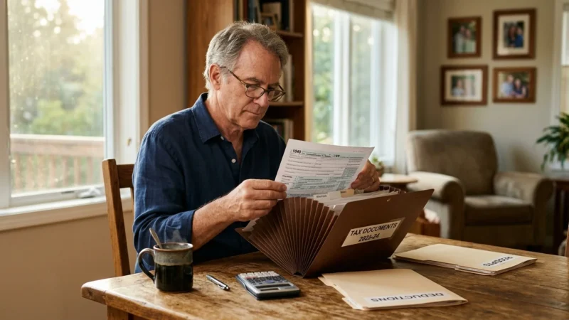 An older man sorting tax documents in a sunlit home, symbolizing organized tax record keeping.