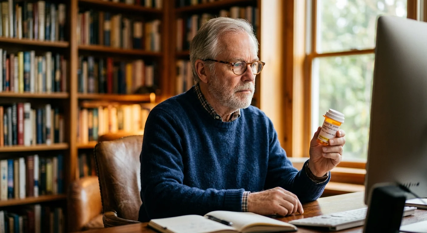 An older man wearing glasses looks thoughtfully at a computer screen while holding a prescription pill bottle in a home study.