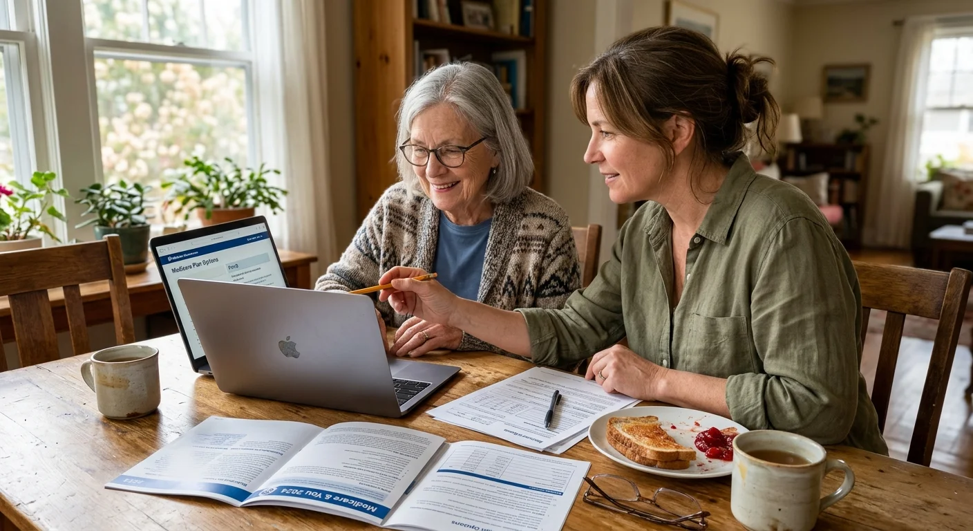 An older woman and her adult daughter sitting together at a bright dining table, reviewing Medicare plan documents on a laptop.