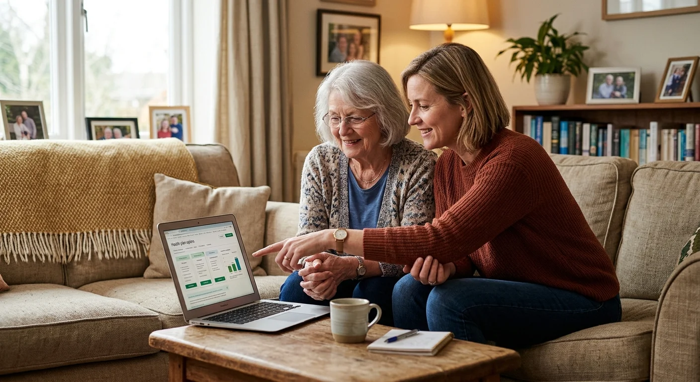 An older woman and her daughter review financial and healthcare details together on a laptop in a cozy living room.