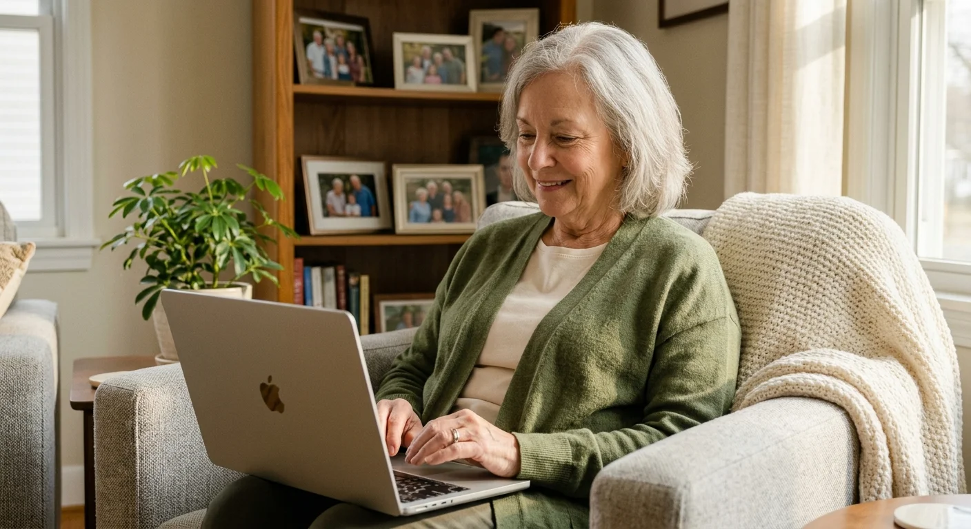 An older woman relaxing in her cozy living room, experiencing peace of mind while checking her financial accounts online.