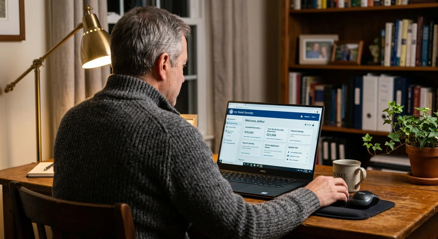 An over-the-shoulder photo of a man reviewing his online Social Security statement on a laptop in a cozy home office.