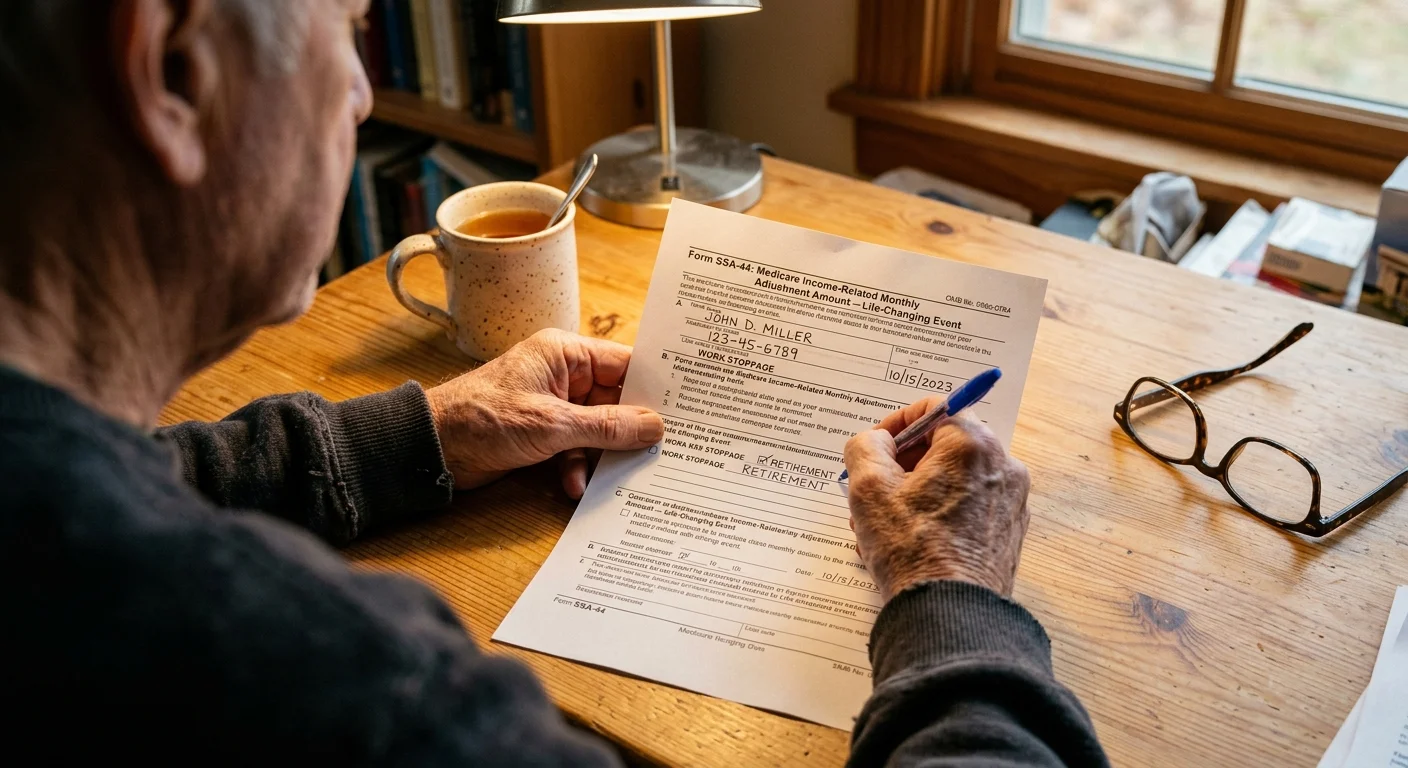 An over-the-shoulder photo of a senior filling out Form SSA-44 on a warm wooden desk with a mug of tea.