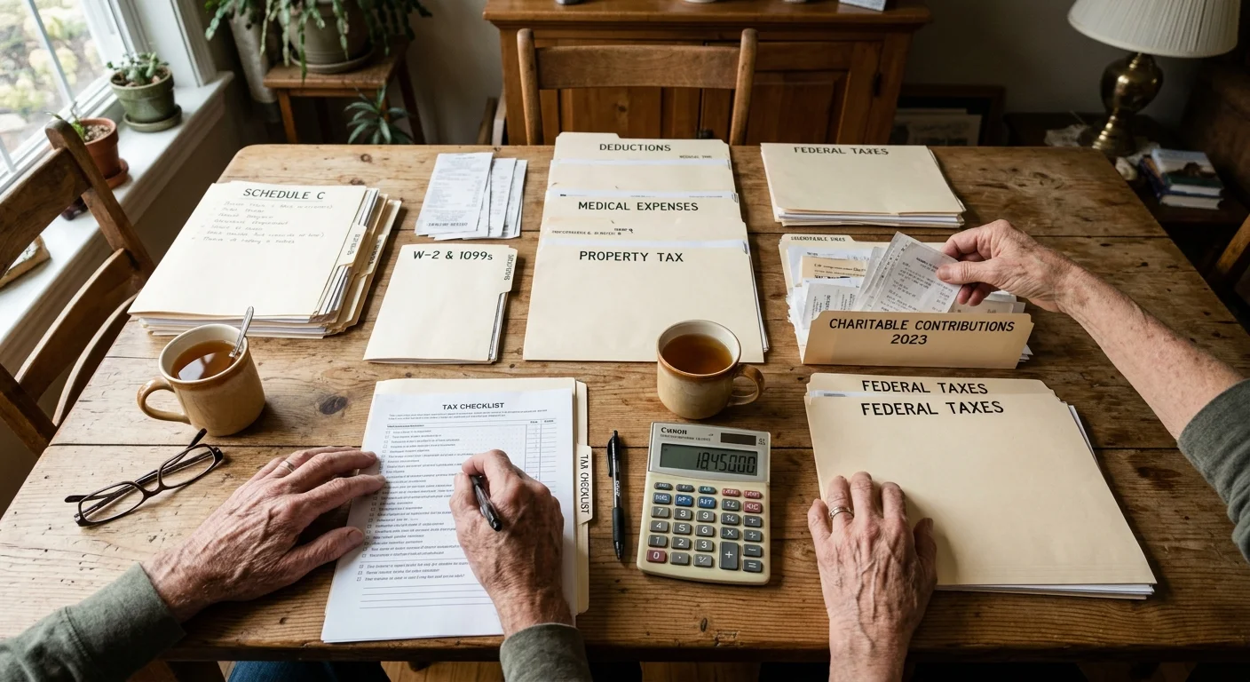 An overhead photo of hands organizing tax folders, receipts, and a calculator on a pine table.