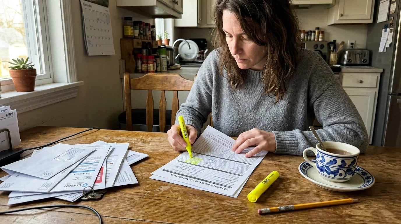 Close-up of a person's hands using a yellow highlighter on a document at a wooden kitchen table with a mug of tea nearby.