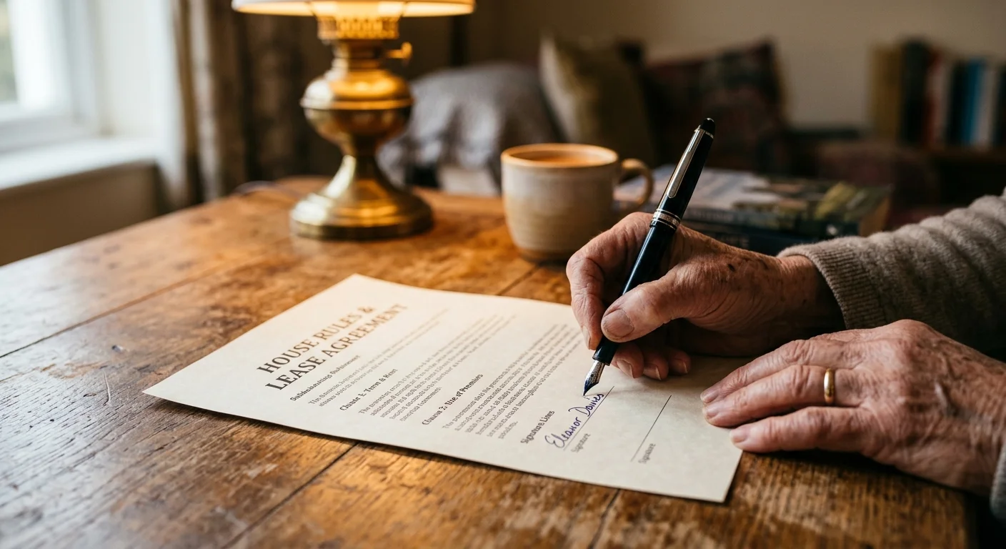 Close-up of a senior woman's hands signing a formal lease agreement and house rules document on a wooden table.