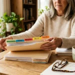 Close-up of a senior's hands organizing neat folders and medical files on a sunlit wooden table alongside a mug of coffee.