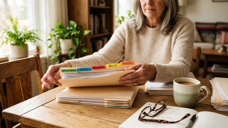 Close-up of a senior's hands organizing neat folders and medical files on a sunlit wooden table alongside a mug of coffee.