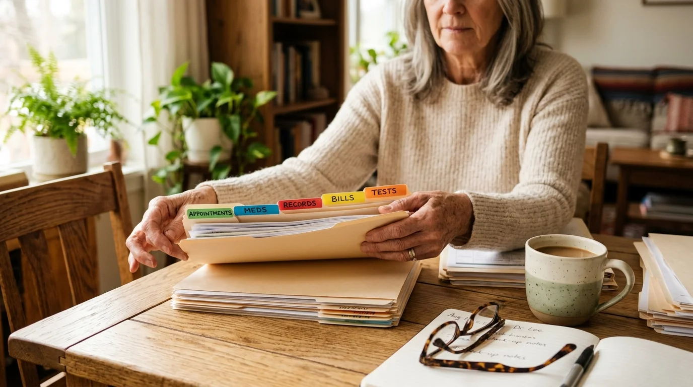 Close-up of a senior's hands organizing neat folders and medical files on a sunlit wooden table alongside a mug of coffee.