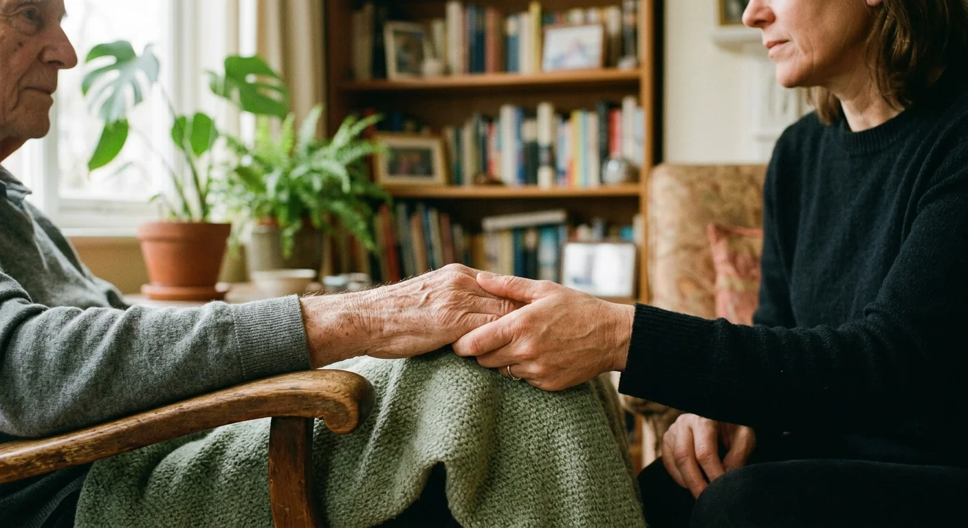 Close-up of an adult daughter gently holding her elderly father's hand in a sunlit living room, symbolizing family care.