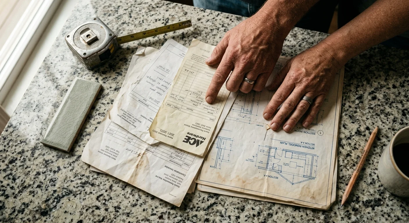 Close-up of hands organizing home renovation receipts and blueprints on a kitchen counter.
