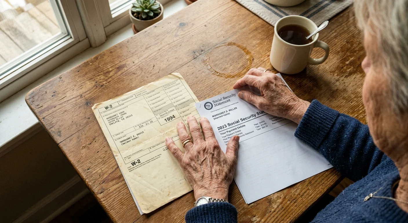 Close-up photo of hands comparing an old W-2 form and a Social Security statement with different names on a kitchen table.