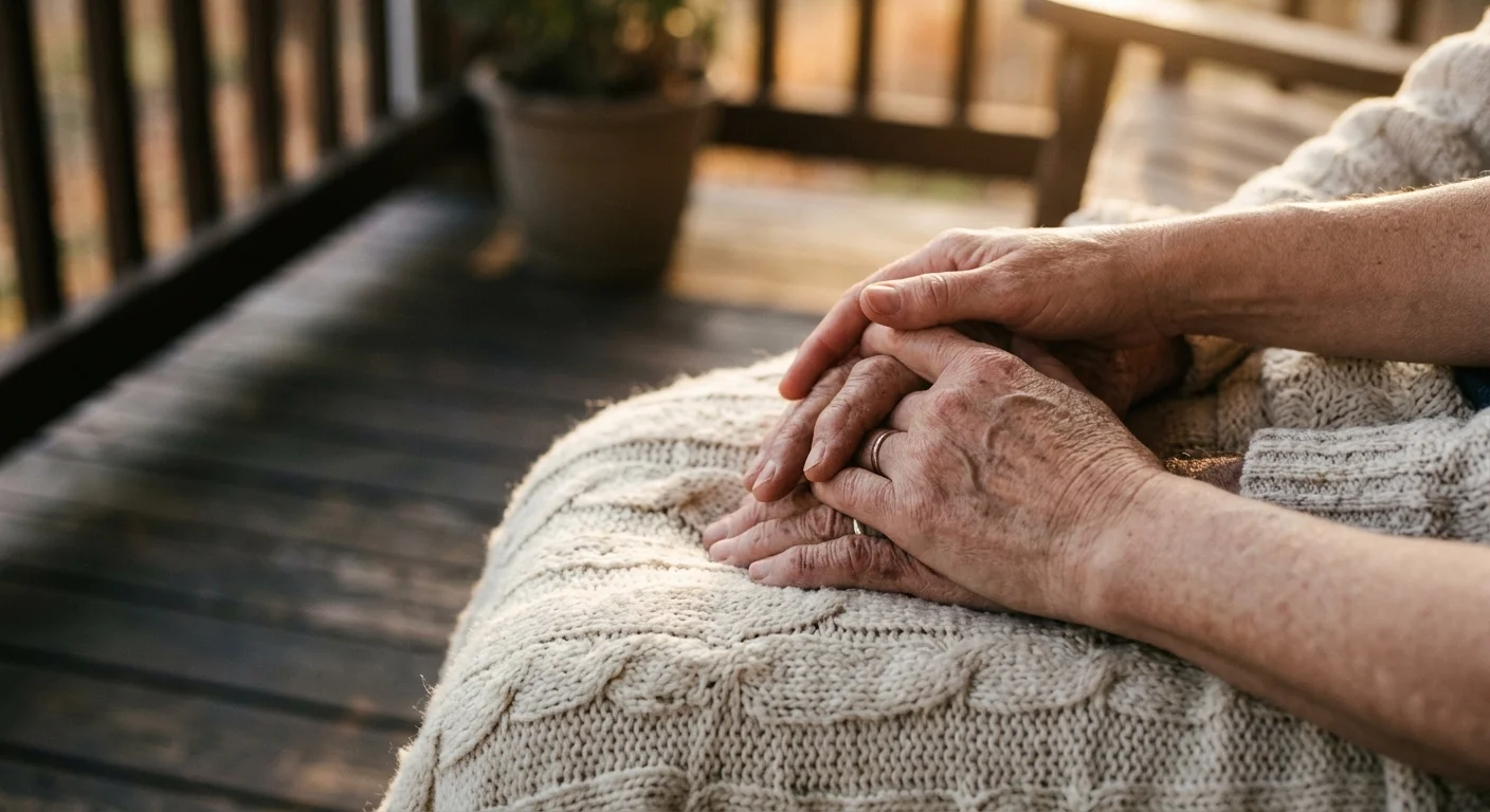 Close-up photo of two hands holding each other gently over a wool blanket, conveying support.