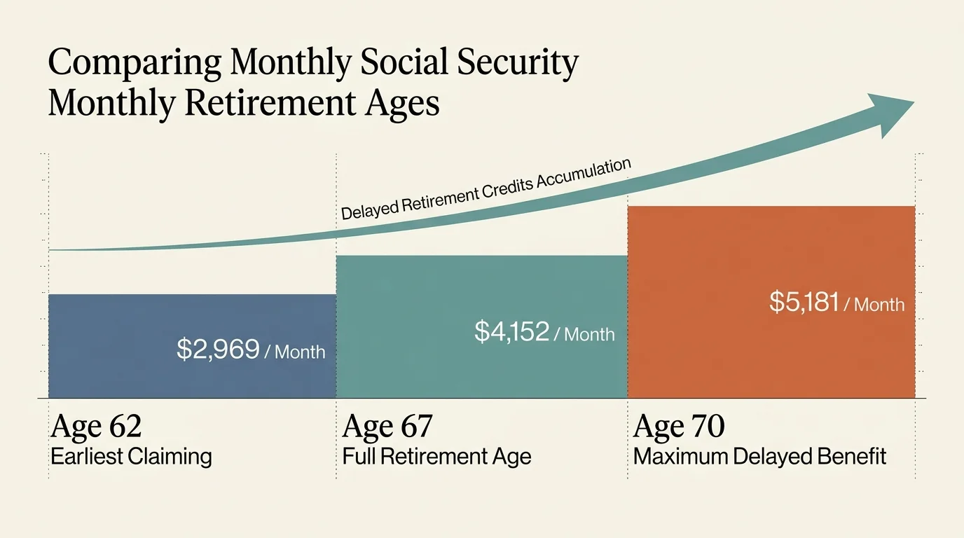 Bar chart comparing monthly Social Security payouts: $2,969 at age 62, $4,152 at age 67, and $5,181 at age 70.