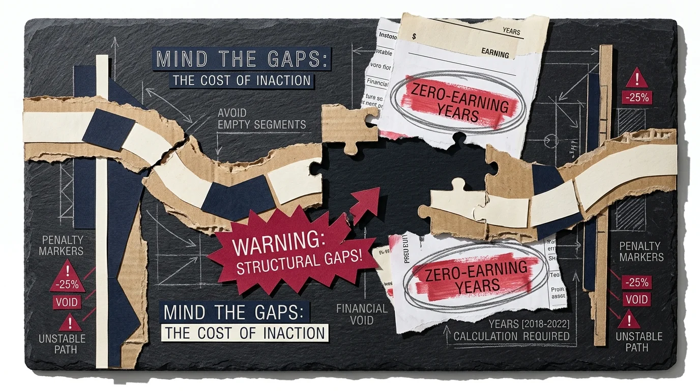 Mixed media collage on a slate slab with paper cutouts, warning signs, and labels highlighting zero-earning years.