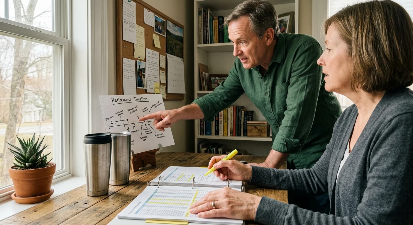 A man points to a hand-drawn retirement timeline while a woman reviews financial documents at a wooden desk.