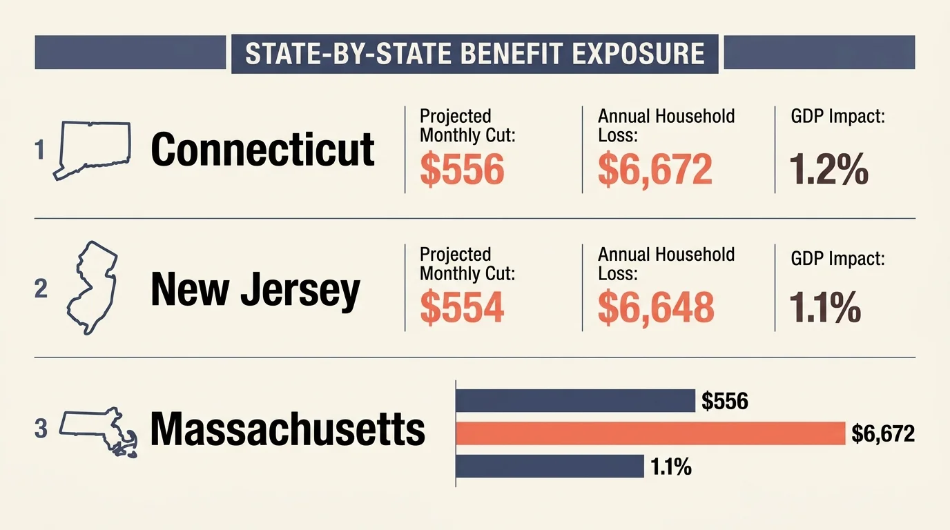 Diagram listing benefit exposure for Connecticut, New Jersey, and Massachusetts, showing projected cuts and GDP impacts.