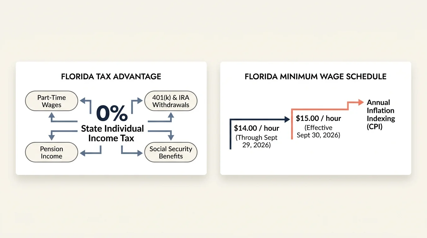 Diagram outlining Florida's 0% state individual income tax advantage alongside a minimum wage increase schedule.