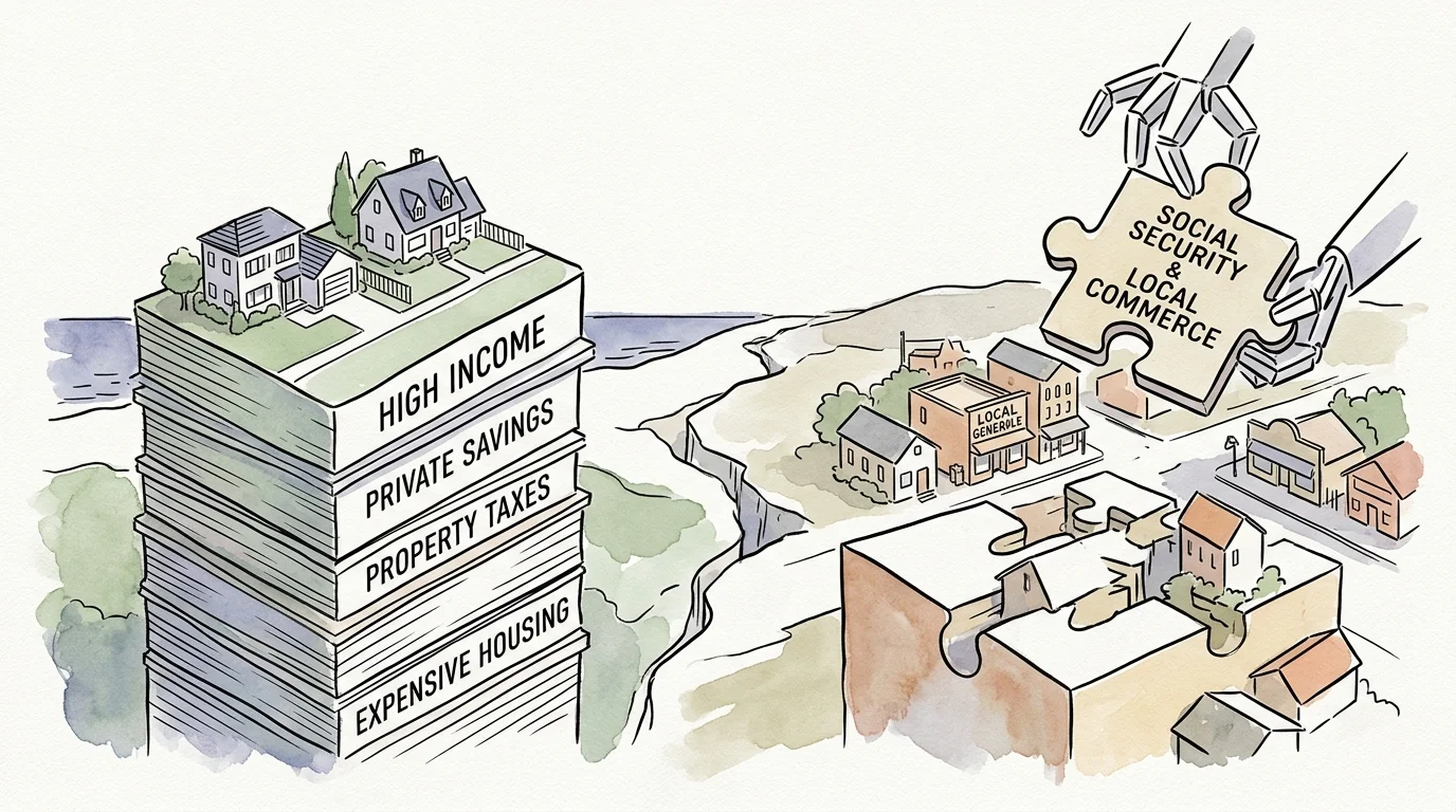 Illustration of houses atop labeled tiers beside a robotic hand fitting a puzzle piece into a community.