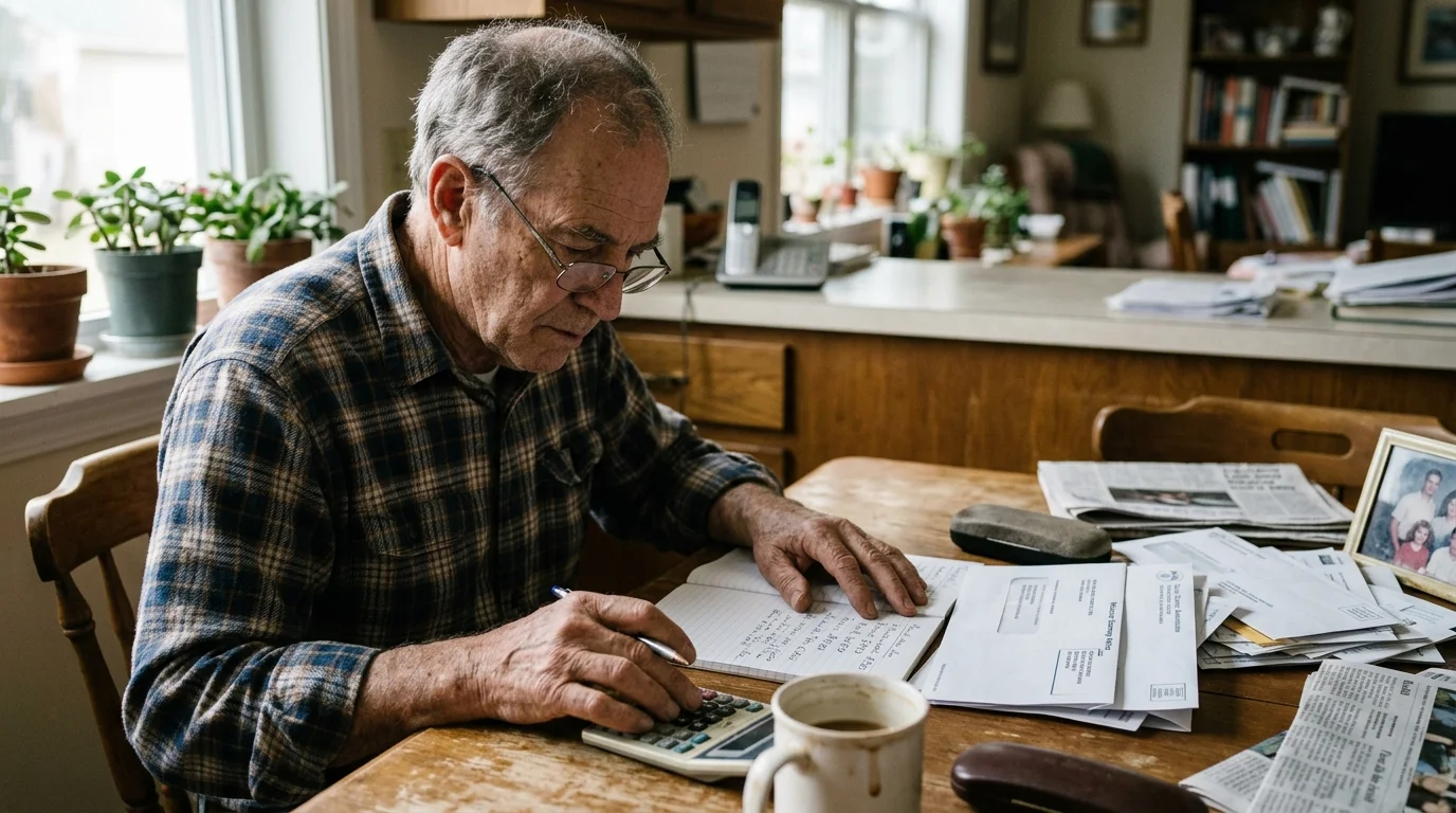 An older man wearing glasses sits at a wooden table using a calculator while reviewing paperwork, mail, and a notebook.