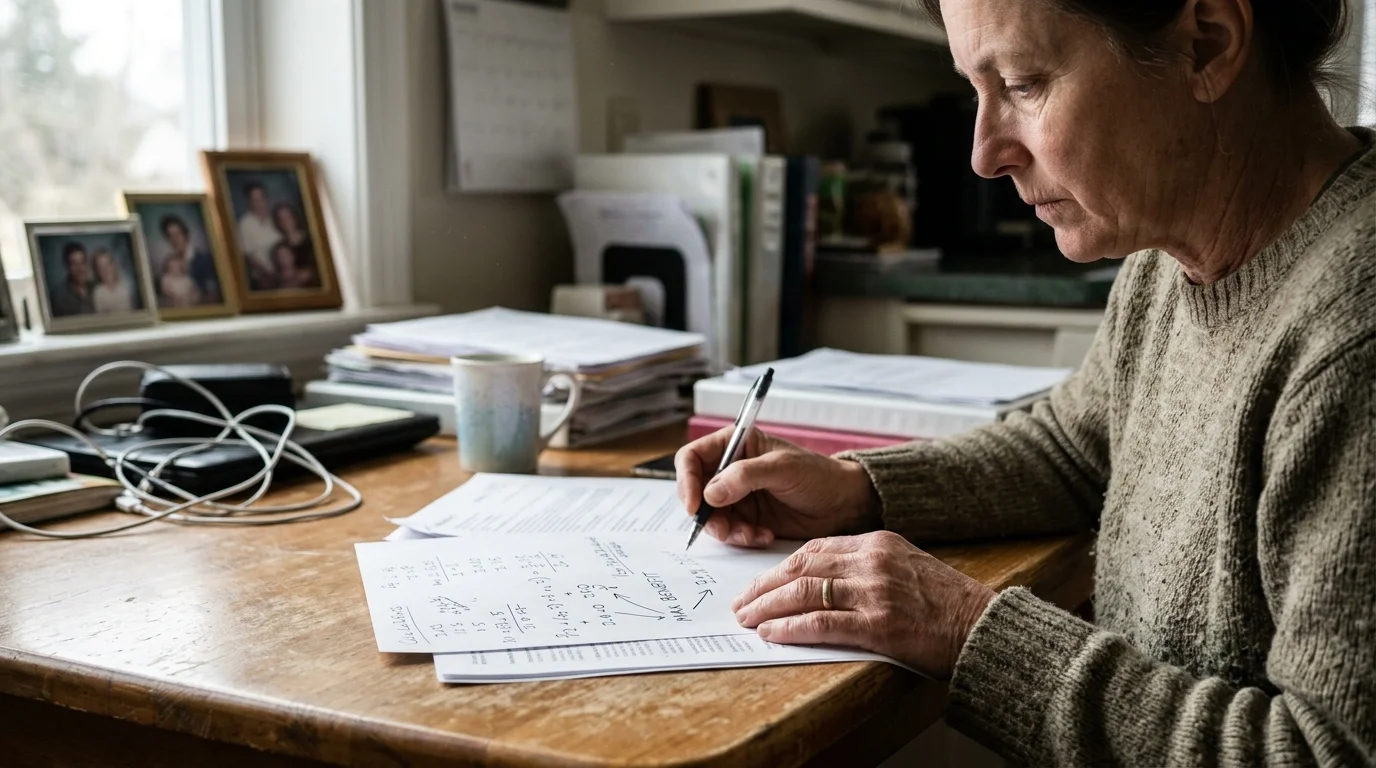 Woman seated at a wooden desk writing mathematical calculations and notes on paper with a pen.