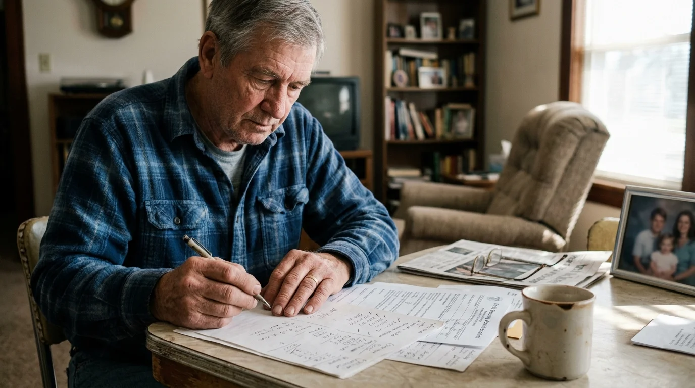 A senior man in a blue plaid shirt writes on documents at a table next to a coffee mug and eyeglasses.